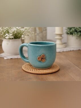 Handmade Pottery Mug Turquoise Glazed Floral Relief Signed MA Artisan Mug